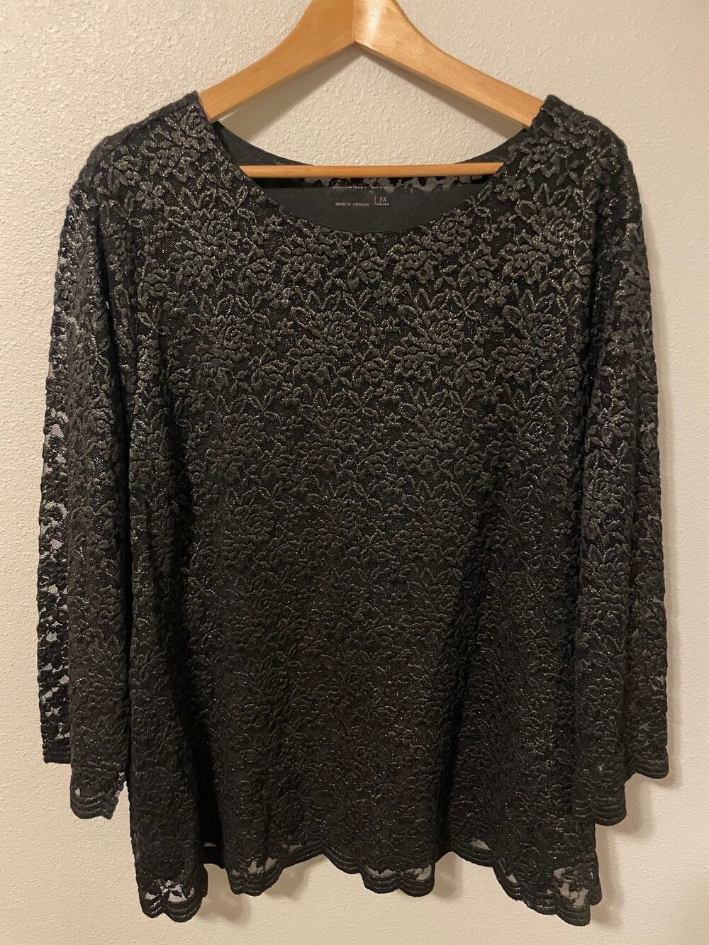 Coldwater Creek Tunic Top Womens 3X Black Floral Lace 3/4 Sleeve Party Boho